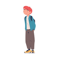 Teenage boy student in casual outfit standing with backpack cartoon vector illustration