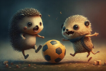 Fototapeta premium Hedgehog Football: Playful Creatures Enjoying Soccer in Natural Setting - Generative AI
