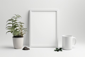 Mockup on white background with empty frame, cup, and flower in bottle vase. Generative AI