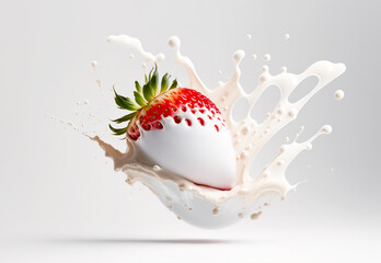 An strawberry looks very realistic, falling on the milk, on white background, made with generative ai, made with generative ai