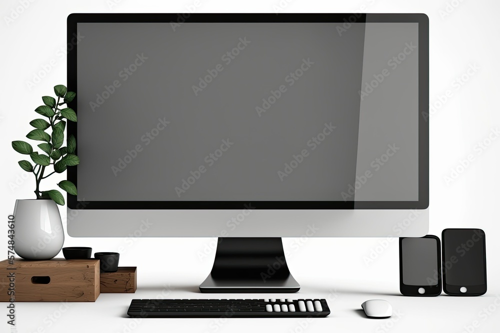 Poster office desk with computer display on white screen and clipping path. generative ai