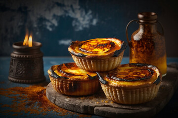 AI generated image of some Portuguese egg tart, also known as pastel de nata, originated from Portugal - obrazy, fototapety, plakaty
