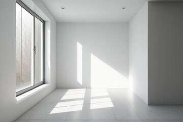 Interior room with white walls, windows, a floor ceiling, and natural light. illustration. Generative AI