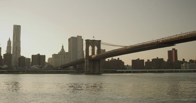 Downtown Manhattan Skyline Brooklin Bridge New York Sunset Wide Pan