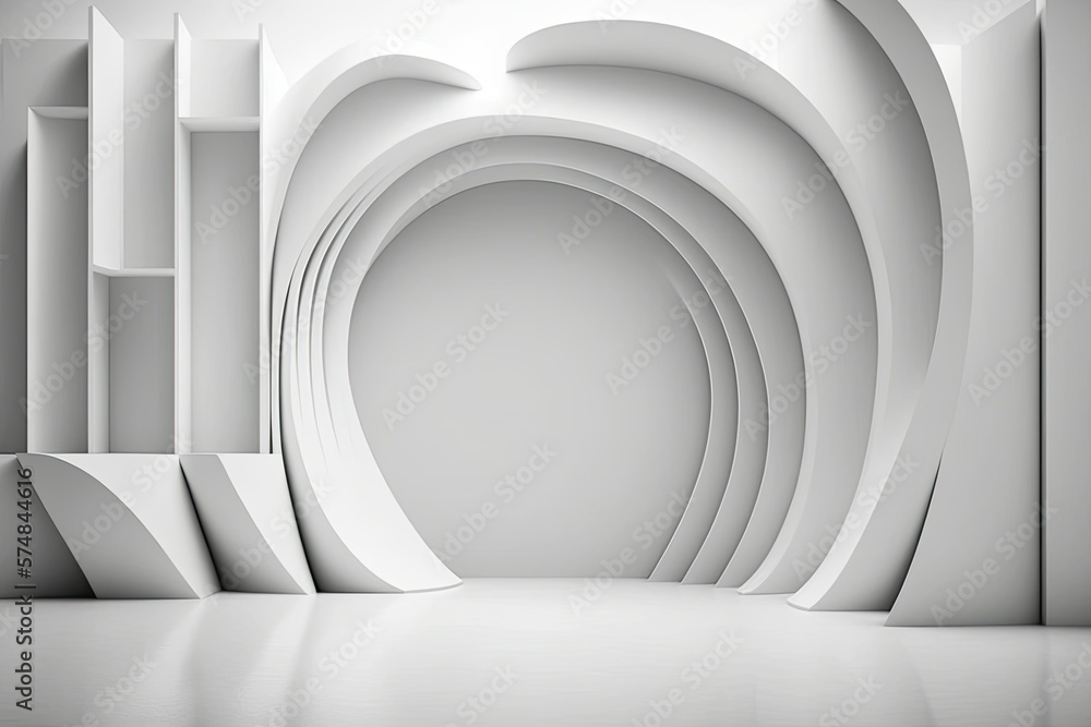 Poster a space with white curved walls and abstract buildings as a backdrop. generative ai