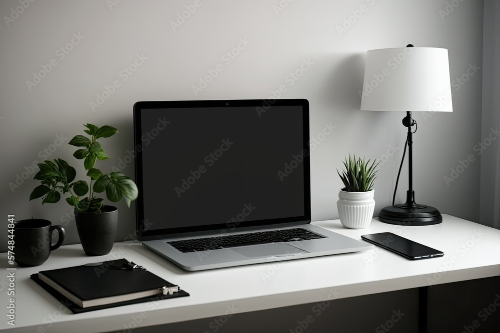 Poster laptop computer in home office with blank, black screen. with space for your text or mockup in the c