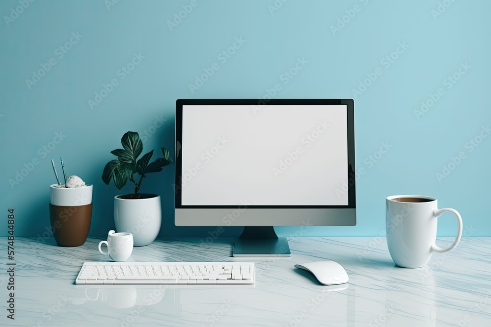 Poster empty computer workstation on marble desk with blue background. generative ai