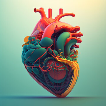 Heart care concept. Abstract stylized illustration. Cardiac anatomy and physiology. Artificial organ. World heart day. AI Generated