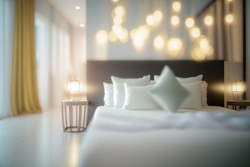 luxury bedroom interior background with abstract blur. Generative AI