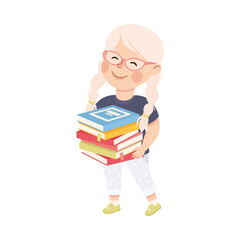 Cute happy little girl with stack of books. Preschool kid reading and learning cartoon vector illustration