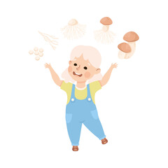 Cute happy little girl learning about mushrooms. Preschool kid studying at biology lesson cartoon vector illustration