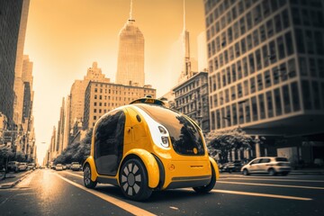 Autonomous  taxi on the road, Future transportation concept electric cargo taxi , traffic in the city urban public, generative ai