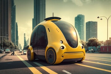 Autonomous  taxi on the road, Future transportation concept electric cargo taxi , traffic in the city urban public, generative ai