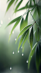 Obraz na płótnie Canvas Bamboo leaf with water droplets blur background generative ai digital illustration