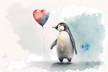 cute penguin holding a heart balloon created by generative AI	 - obrazy, fototapety, plakaty