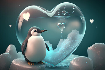 cute penguin and a bubble heart created by generative AI	