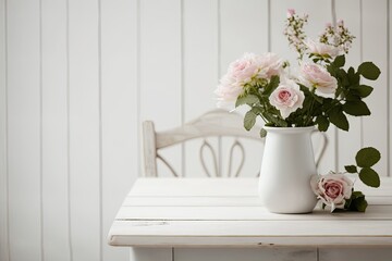 modern farmhouse White rustic wooden table with pink flowers mockup. Text background or digital product mockup. Generative AI