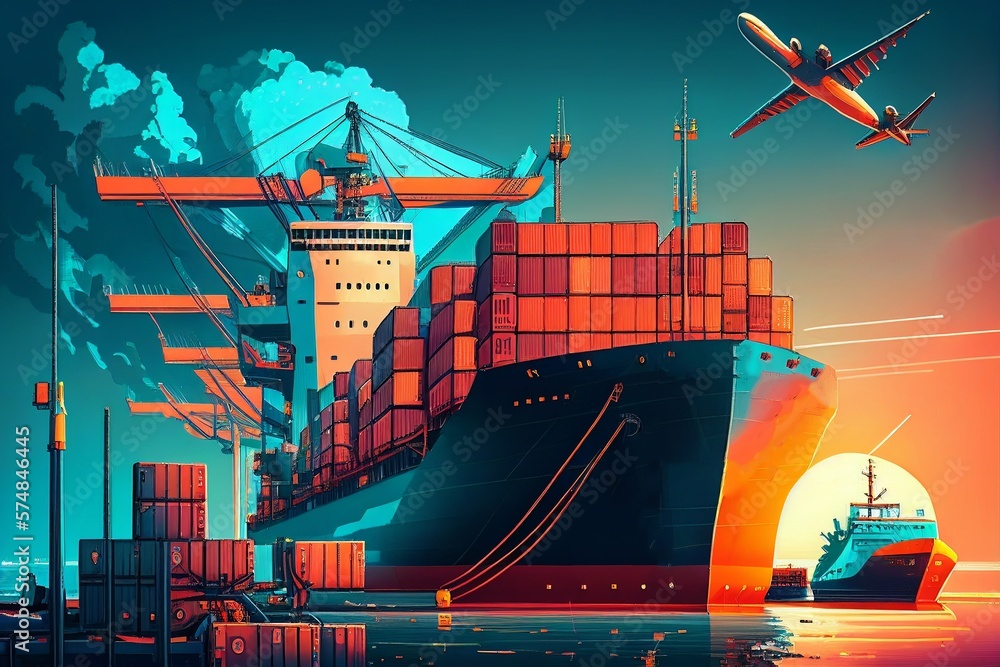 Wall mural Modern System transportation and logistic import export and transport industry of truck container cargo ship and cargo plane with working crane bridge in shipyard at sunset sky. Generative AI - Wall murals