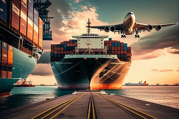 Modern System transportation and logistic import export and transport industry of truck container cargo ship and cargo plane with working crane bridge in shipyard at sunset sky. Generative AI