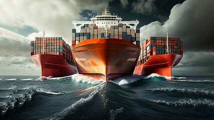  Aerial view Cargo container ship. Business logistic transportation in the ocean ship carrying container,Cargo ship, Cargo container in factory harbor for import-export. Generative AI