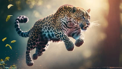 Foto op Plexiglas jaguar jumping in front of forest background made with generative AI © realaji
