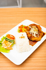 Chicken cutlet dish, served with rice and a side of salad topped with teriyaki sauce
