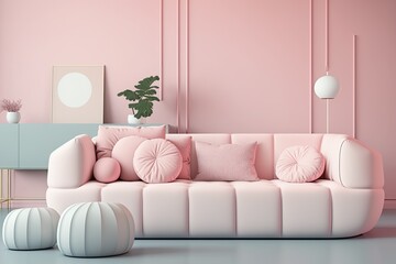 modern white sofa in pink living room. Minimalism. pastel hues. Generative AI