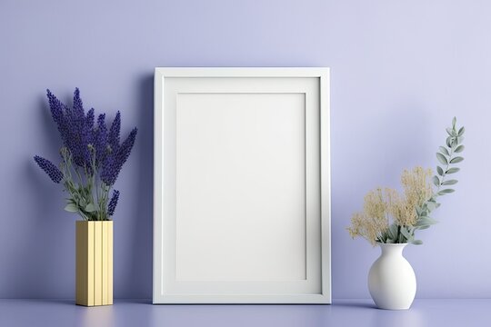 a bare picture frame and a lavender bouquet. Generative AI