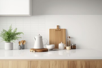 Simple comfy counter mockup design for the background of a product presentation. Interior of a kitchen. Generative AI