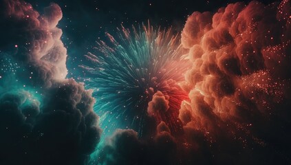 Glowing fireworks in the sky at night. Exploding fire crackers. in colorful bloom. Rockets on the 4th of July.  Celebration background.