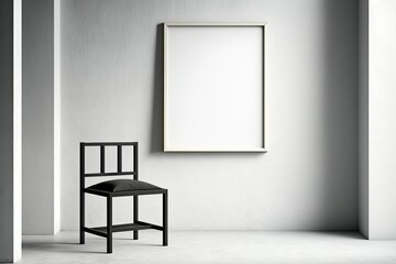 Simple wooden chair with black-framed blank canvas on a concrete wall. Mocap interior. Generative AI