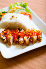 A Chicken Cutlet dish served weith rice and a side of salad, topped with rica rica chili