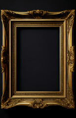 Fancy gilded frame on black background, Baroque style gold, thick matte yellow gold rectangle framing 
 empty in the center for copy space, generative AI, AI