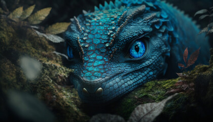 Mythical blue dragon head, dragon eyes macro, Generative AI