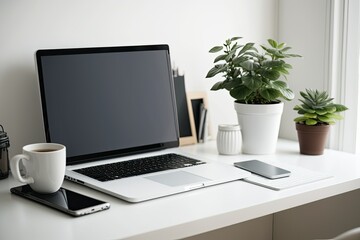 Workspace, laptop computer on desk with mock-up of a blank, white screen. Copy space and mockup. Home office design idea. Business, home-based employment, academic pursuits, and website design