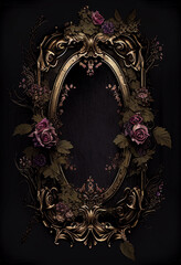 Guilded frame with dark gothic florals and botanicals, matte gold distressed textured aged vintage frame, lush and mysterious, gritty and goth, empty for copy space, centered, generative AI, AI