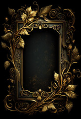 Guilded frame with dark gothic florals and botanicals, matte gold distressed textured aged vintage frame, lush and mysterious, gritty and goth, empty for copy space, centered, generative AI, AI