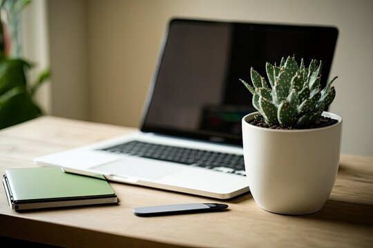 Working from home, replacement of screen, laptop on desk with blank screen, succulent plant, coffee cup in frame, and wooden table background. Background of a laptop computer. office at home
