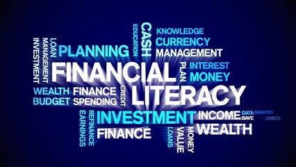 4k Financial Literacy Animated Tag Word Cloud;Text Design Animation typography seamless loop.
