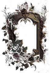 transparent golden frame dark gothic florals and botanicals, matte gold distressed textured aged vintage frame, lush mysterious, gritty, gilded goth, empty for copy space, centered, generative AI, AI
