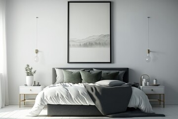 Bedroom sofa with framed poster over bed. Minimalist space design. mockup. Generative AI