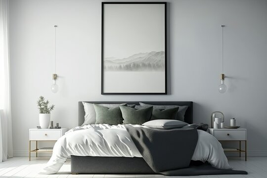 Bedroom sofa with framed poster over bed. Minimalist space design. mockup. Generative AI