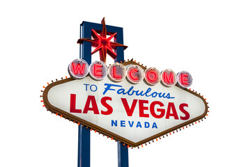 Dusk view of the famous Welcome to Fabulous Las Vegas sign with cut out background. © trekandphoto