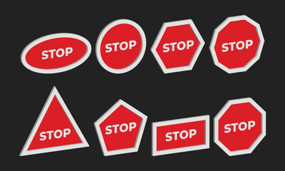 Isometric stop sign set with different shape in red colour