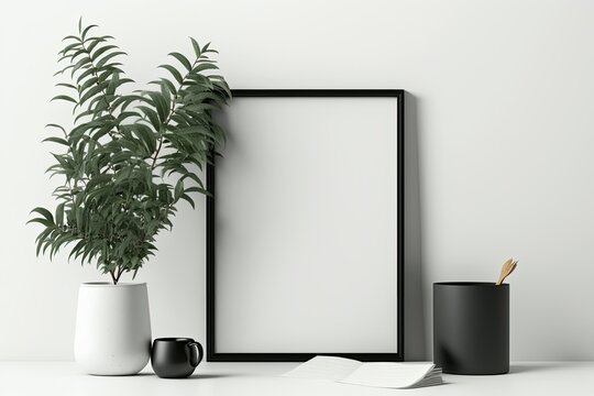 Black square frame with plants and branches. White wall, wooden shelf. Copies. Generative AI