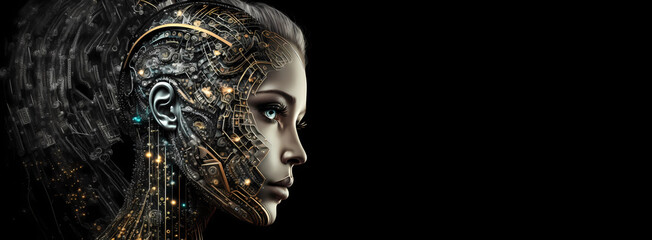 Portrait of a Female Cyborg Robotic Character. Futuristic Technology Robotic Head Concept Art of Artificial Intelligence Network with Copyspace, Generative AI