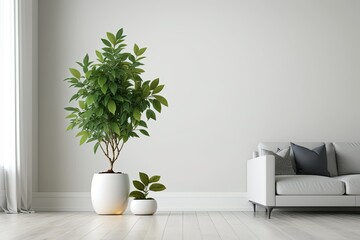 White living room with green plant,. Generative AI