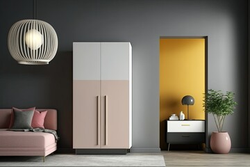 Modern bedroom with warm-colored full-height cabinet and light, gray wall background, and white door design. Generative AI