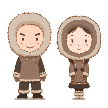 Cute couple of Eskimo in traditional costume.