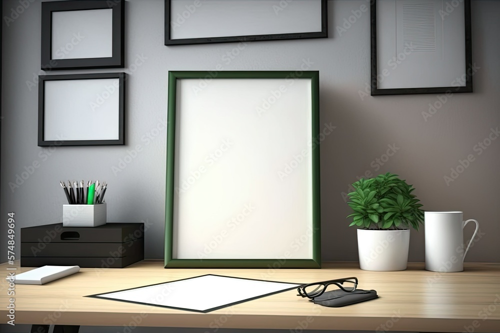 Poster empty picture frames on a table in the room's interior. generative ai